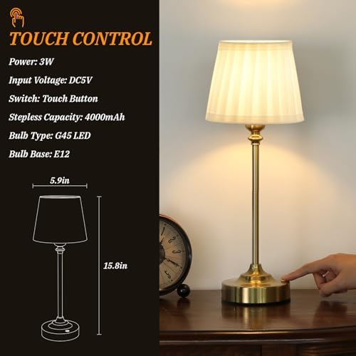 Cordless Table Lamps Rechargeable Set - 2 Pack Gold 4000mAH Battery Operated Lamps for Decor, 3000K Stepless Dimming Touch Wireless Lamp for Bedroom, Dining Table, Living Room, White Pleated Shade