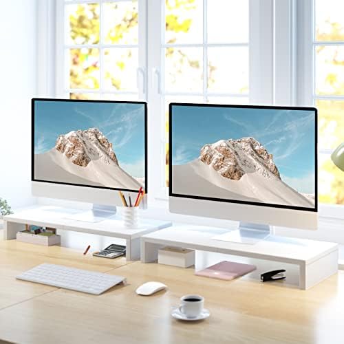TEAMIX 2 Pack White Monitor Stand Riser 20 inch, Wooden Desktop Stand Shelf