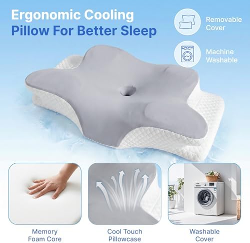 Cervical Pillow for Neck Pain Relief, Orthopedic Memory Foam Pillow with Cooling Cover, Contour Ergonomic Support for Side Back Stomach Sleepers (Grey)