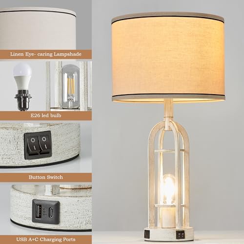 SRJJA 24" Farmhouse Table Lamps for Living Room Bedroom Set of 2, USB A+C