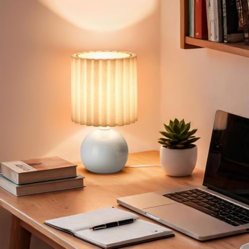 Ziqqeelam Blue Small Table Lamp with Scalloped Linen Shade, Mini Blue Table Lamp for Bedroom Nightstand, Cute Desk Night Light for Living Room, Bookshelf, Kitchen Counter, Kids Room, Office
