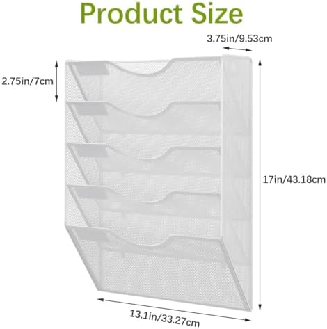 EasyPAG Wall File Organizer 5 Tier Hanging Paper Folder Holder, Zero Assembly Metal Mesh Wall Mounted Mail Organizer for Office Home Classroom Narrow Spaces, White