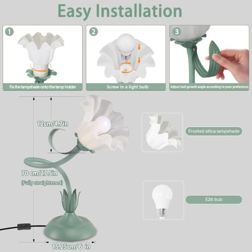 Women Bedside Table Lamps for Bedroom, Cute Flower Desk Lamp With Adjustable Flexible Gooseneck, 3 Color Temperatures Nightstand Lamp with E26 LED Bulbs, Floral Lamp for Living Room, Office ,Reading