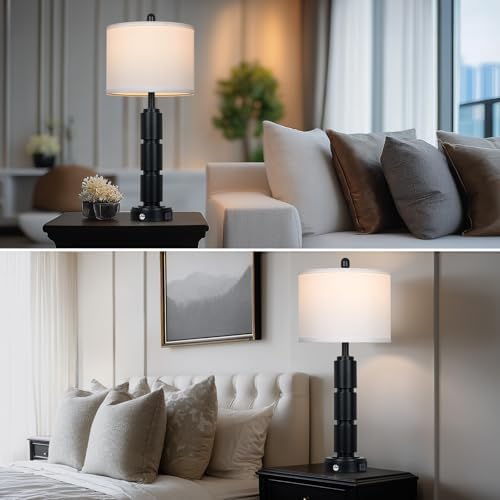 Set of 2 Modern Table Lamps for Living Room Bedroom,29" Tall Bedside Lamp with 2 USB Port,Black Metal Touch Nightstand Lamp for Desk End Side Table Entryway,Black