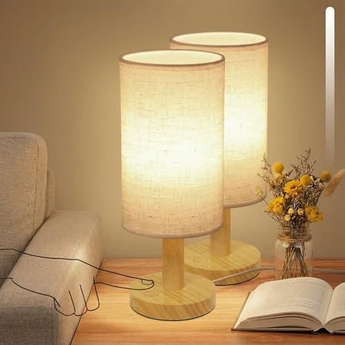 Touch Bedside Table Lamps Set of 2 with Stepless Dimming, USB Powered
