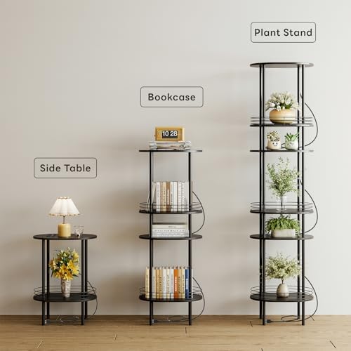 Small Oval Side Table with Charging Station, 2-Tier Black Round End Table