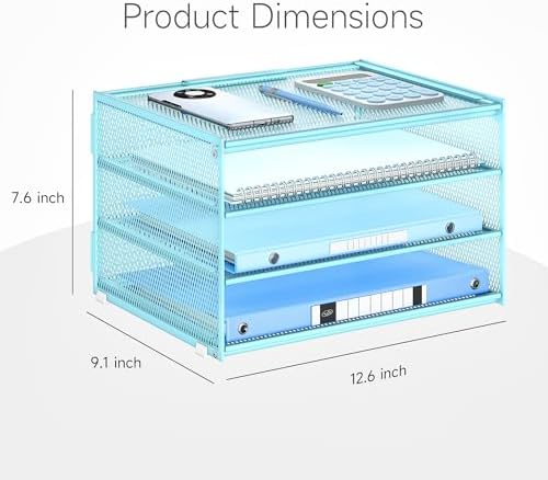 Lavatino 3-Tier Letter Tray Desk Paper Organizer – Blue Mesh Metal File Tray Organizer for Desk, Office Supplies & Home Organization | Fits A4/Letter Paper, Mail, Magazines and Office Accessories