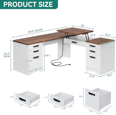 YITAHOME 60-Inch L Shaped Executive Desk with Lift Top, Power Outlets