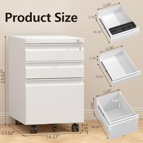 3 Drawer File Cabinet on Wheels,25.6" H White Filing Cabinet with Lock,Under Desk Metal File Cabinet for Home Office Organizer Letters/Legal/A4(Fully Assembled) (White)