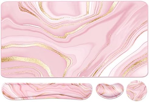 Keyboard Mouse Pad Set, Extended Mouse Pad+Keyboard Wrist Rest Support, Memory Foam Ergonomic Easy Typing, 3Pcs (35.4×15.7 in) Desk Pad Set for Home Office Study Game- Pink Gold