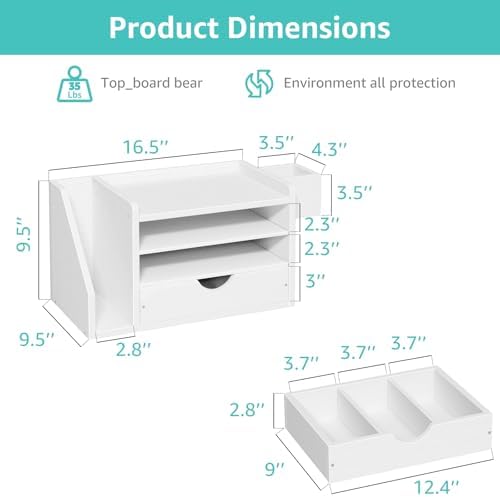 Wood Desk Organizers and Accessories with Drawer - White 3 Tier Paper Tray and Desktop Storage Caddy for Office Supplies, Slanted File Folder Holder and Pen Cup, Dorm Essentials for School