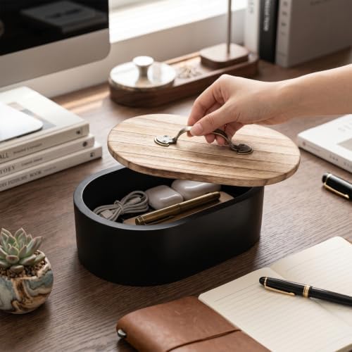 Tampon Organizer Dust Proof Oval Wooden Box with Lid, Natural Storage Container for Bathroom Desk Black Tampon Organizer, Wooden Storage Box with Lid, Dust Proof Bathroom Container, Feminine Product