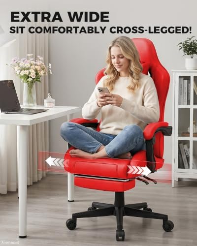 LUCKRACER Gaming Chair with Pocket Spring Cushion and Footrest, PU Leather 90°-155° Reclining Computer Chair, 4.5" Height Adjustment, Ergonomic Office Chair with Lumbar Support, Red