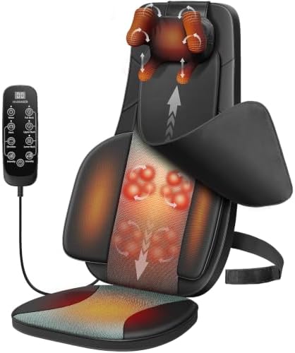 Flekzo Shiatsu Back Massager Chair Pad with 4-Zone Heat, Deep Tissue Kneading & Rolling, 6-Point Finger-Grip Neck & Back Massage, Adjustable Height, Office Chair & Recliner Seat Cushion, Black