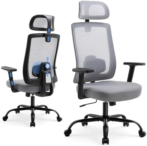 Shintenchi Ergonomic Office Chair, High Back Mesh Desk Chairs with Headrest & Lumbar Support Adjustable, 3-Level Tilt Backrest Comfortable Gaming Chair 330lbs Capacity, Big and Tall Rolling Chairs