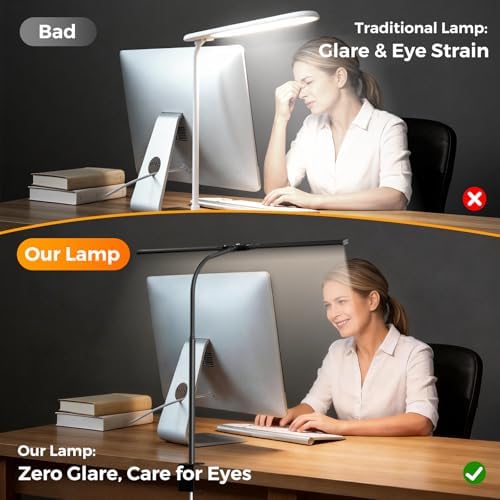 SKYLEO LED Desk Lamp with Clamp - Double Head Desk Light with Remote and Touch - Eye Protection - 12 W, 5 Color Modes, Timer and Memory Function, Flexible Gooseneck - for Office, Reading - Black