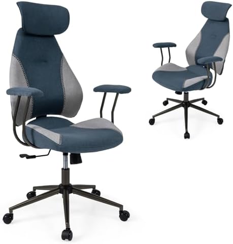 GIANTEX Ergonomic Office Chair, Mid Century Modern Fabric Computer Desk Chair with 2D Headrest, Rocking Backrest & Wheels, Vintage High Back Rolling Chair for Executive, Gray