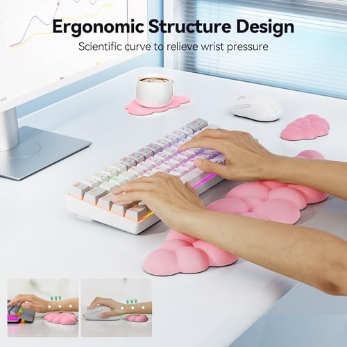 TECKNET Cloud Keyboard Wrist Rest Set, Cloud Wrist Rest with Non-Slip Base, PU Leather Wrist Pad for Keyboard with Ergonomic Memory Foam for Computer Laptop Office Gaming and Pain Relief, Dark Pink