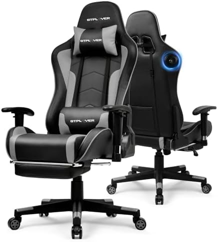 GTPLAYER Gaming Chair,Gamer Chair with Bluetooth and Adjustable Backrest,Seat Height Adjustable Computer Chairs with 3D Armrests,Video Game Chair with Footrest Speakers (Grey)