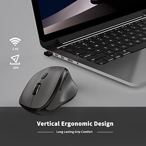Ergonomic Wireless Mouse with USB Receiver for PC Computer, Laptop and Desktop, Ergo Vertical Mouse with Silent Clicks Long Battery Life, Up to 1600 DPI & 1 AA Battery Powered, Grey