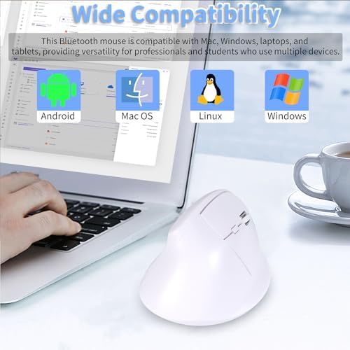 Bluetooth Wireless Vertical Mouse - Ergonomic Design, Rechargeable with Type-C, Silent Operation for Office and Home Use, Ideal for Professionals & Students (White)