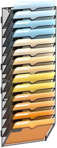 SUPEASY 14 Tier Wall File Organizer, Hanging Wall Mounted Mail Organizer with Label Slots, Metal Mesh File Holder Magazine Rack for Office, Home, School or Classroom, Black