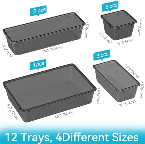 12 PCS Drawer Organizer Set, Makeup Organizers, Tool Storage Trays, Black