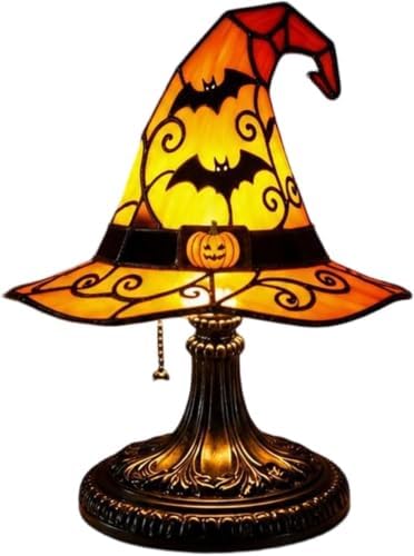 Stained Glass Witch Hat Lamp, Handcrafted Resin Halloween Witch Lamp (Yellow)
