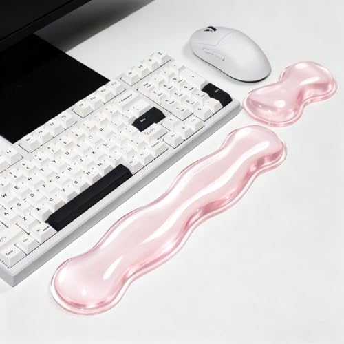 Mouse Pad with Wrist Rest, Soft Cloud Gel Keyboard Mouse Pad Set with Hand Wrist Support, Cute Non Slip Office Desk Accessories for Comfort/Pain Relief/Computer/Laptop (Pink Wave)