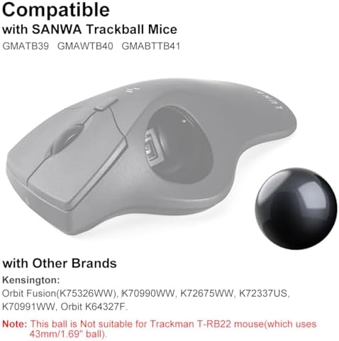 SANWA 40mm/1.57in Trackball, Replacement Ball GMATB39, GMAWTB40, GMABTTB41, Kensington Orbit Fusion, and Other Compatible Trackball Mice, Glossy Black
