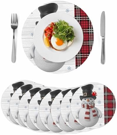 15inch Round Braided Placemats Set of 8, Washable Woven Dining Table Mats, Polypropylene Place Mats for Kitchen Table Home Decoration, Art Snowman Christmas
