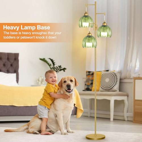 ZECOXOL Gold Floor Lamps for Living Room-3 Light Brass Floor Lamp with Three Bulbs & Glass Lampshape, Mid Century Modern Standing Lamp Tree Tall Flower Floor Lamp for Bedroom Living Room,Corner