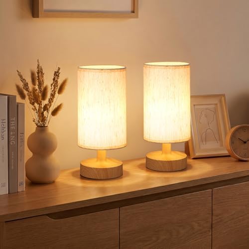 Kakanuo Cordless Table Lamp Rechargeable Small - 2 Pack Beige Wood, 4000mAh Battery Operated Lamp with Touch Control Stepless Dimming, Wireless Lamp for Bedside, Nightstand, Bedroom, Living Room