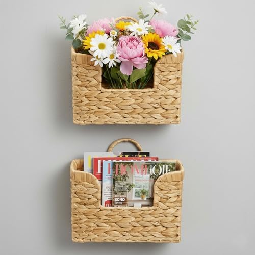 Set of 2 Water Hyacinth Hanging Baskets with Handle, Wall Baskets Storage, Wall Mounted Organizer, Magazine Holder Magazine Basket, Farmhouse Baskets for Flowers/Magazine/Fruit Storage