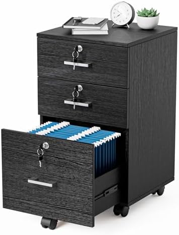 VINGLI 3-Drawer File Cabinet with Lock, Wood Rolling Filing Cabinets for Home Office, Mobile Printer Stand, Under Desk File Organizer for Letter Sized Files, 26" H(Caster Included), Black