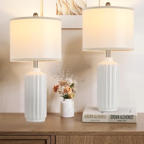 Lamp for Living Room Bedroom Lamps Farmhouse Table Lamps Set of 2 Vertical Stripe Ceramic Table Lamp,Linen Shade with Bulb, 25 in High, White