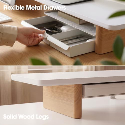 Fenge 42.5" Dual Monitor Stand with Storage Drawer & Solid Wood Legs