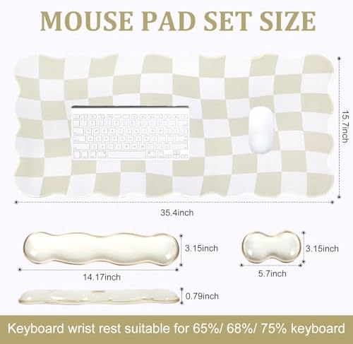 L-SPOUTTO Beige Checkered Mouse Pad Set,Scalloped XXL Desk Mat Set
