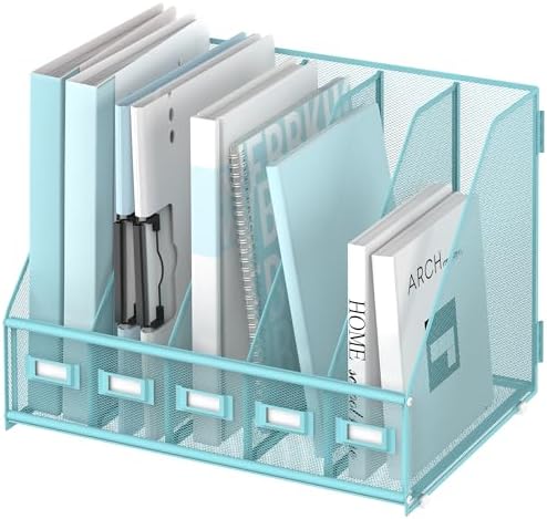 SUPEASY Desk Organizers Metal Desk Magazine File Holder with 5 Vertical Compartments Rack File Organizer for Office Desktop, Classroom, Home Workspace, Blue