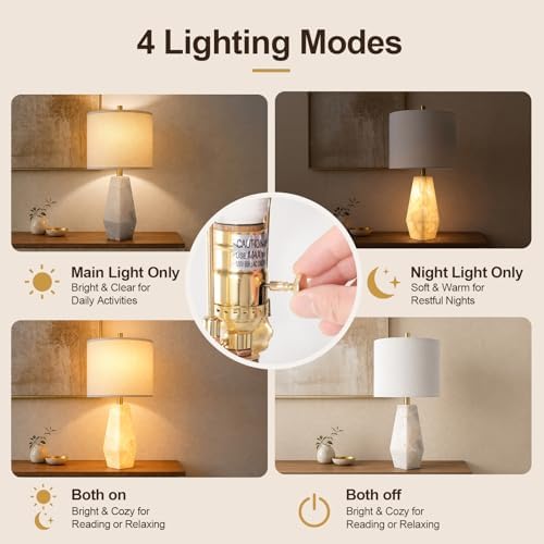 Scenekoy Alabaster Table Lamps Set of 2, Modern Desk lamp with Night Light