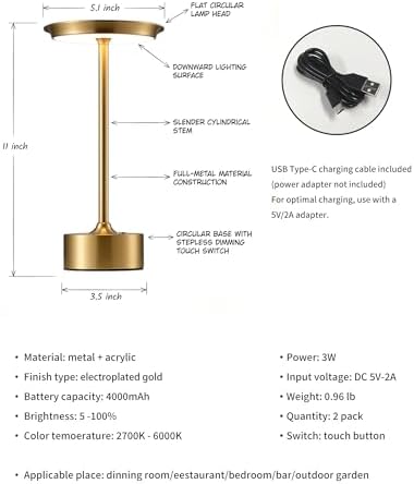 PUSU Rechargeable Table Lamps Set of 2, Gold Cordless Portable Desk Lamp