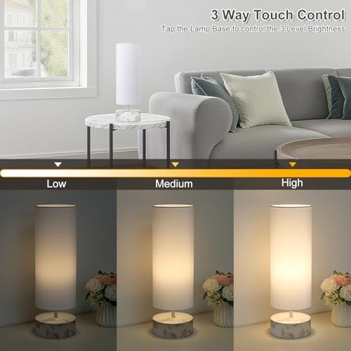 Touch Table Lamp with Marble Grain Metal Base, 3 Way Dimmable Bedside Lamp