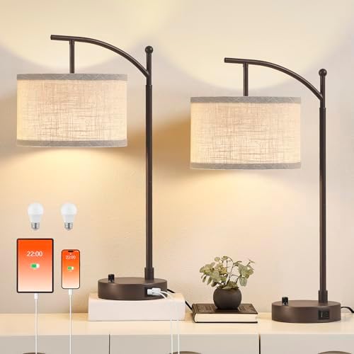 Table Lamp Set of 2, 23.5" Bedside Lamps with USB C+A Ports, Brown
