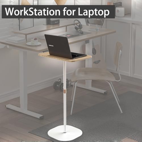 Small Laptop Standing Desk, 18“H - 46”H Adjustable Height Pedestal Side Table with Wooden Top, Portable Tall End Table, Stand-Up Desk for Bedside, Couch, Sofa, Living Room, Bedroom, Home Office, White