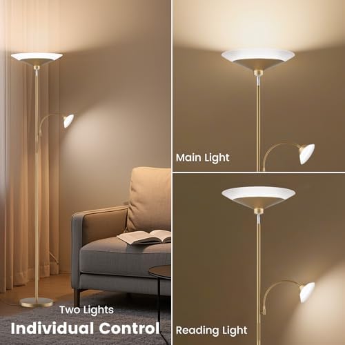 SIBRILLE Gold Torchiere Floor Lamp - 2 Way LED Standing Lamp with Reading Light, Dimmable 72'' Tall Lamp with Remote Color Changing, 34W Mordern Uplighter for Living Room Bedroom Office