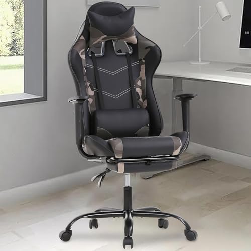 PC Gaming Chair with Footrest, Ergonomic Home Office Chair with Lumbar Support & Headrest Pillow, Camo