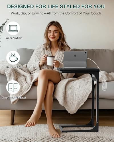 C-Shaped Side Table for Couch - Small Coffee Stand Sofa Tray Desk with Metal Frame Waterproof Scratch Resistant Wood Top and Built-in Charging Station, Black