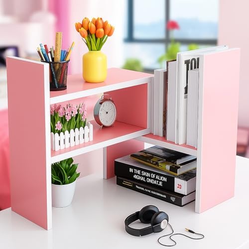 Desktop Shelf Organizer, Adjustable Wood Office Storage Rack, Counter Display Small Bookshelf for Home/Office/School(Pink)