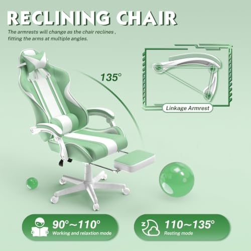 Ferghana Kawaii Grass Green Gaming Chair with Bunny Ears, Ergonomic Cute Gamer Chair with Footrest and Massage, Racing Reclining Leather Computer Game Chair 250lbs for Girls Adults Teens Kids