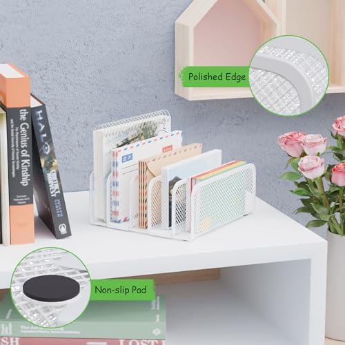Mail Organizer Countertop 2 Pack, Metal File Holder with 5-Slot, Small Desk File Organizer for Letter, Bill, Mail Sorter, Desktop Letter Folder Holders for Office, Home, School (White)
